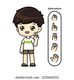 Cute boy mascot cartoon character in showing finger pose, isolated vecter for illustration