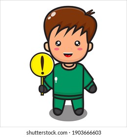 cute boy mascot with caution sign, cartoon male character vector eps 10 on white background
