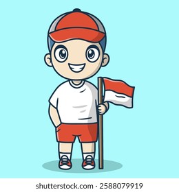 Cute boy mascot character illustration holding an Indonesian flag