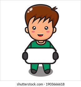 cute boy mascot holding blank board, cartoon male character vector eps 10 on white background