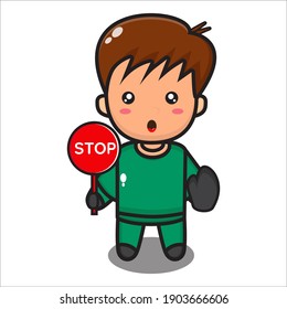 cute boy mascot with stop sign, cartoon male character vector eps 10 on white background