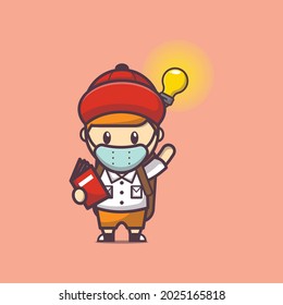 cute boy with mask cartoon character back to school after covid-19. cute vector design character. Vector isolated flat illustration for poster, brochure, web, mascot, sticker, logo and icon.