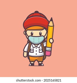 cute boy with mask cartoon character back to school after covid-19. cute vector design character. Vector isolated flat illustration for poster, brochure, web, mascot, sticker, logo and icon.