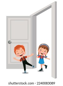cute boy meeting his friend at the door
