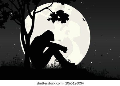 cute boy and moon silhouette