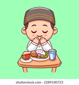 Cute Boy Moslem Break Fasting Cartoon Vector Icon Illustration. People Food Icon Concept Isolated Premium Vector. Flat Cartoon Style