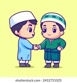 Cute Boy Moslem Friend Shaking Hand Cartoon Vector Icon Illustration. People Religion Icon Concept Isolated Premium Vector. Flat Cartoon Style