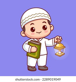 Pequeño Niño Moslem Con Linterna Y Ilustración Del Vector De Caricaturas Al-Qur’an. Gente Icono Religión Concepto Vector Premium Aislado. Estilo de dibujo plano