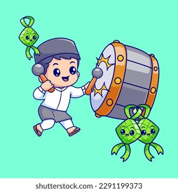 Cute Boy Moslem Playing Drum Bedug With Cute Ketupat Cartoon Vector Icon Illustration. People Religion Icon Concept Isolated Premium Vector. Flat Cartoon Style