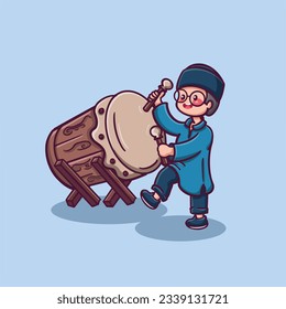 Cute boy moslem playing drum bedug cartoon