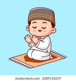 Cute Boy Moslem Prayer Cartoon Vector Icon Illustration. People Religion Icon Concept Isolated Premium Vector. Flat Cartoon Style