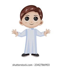 Cute Boy Moslem Reading Book Vector Icon Illustration. Ramadan Mascot Cartoon Character. Person Icon Concept White Isolated. Flat Cartoon Style Suitable for Web Landing Page, Banner, Flyer, Sticker