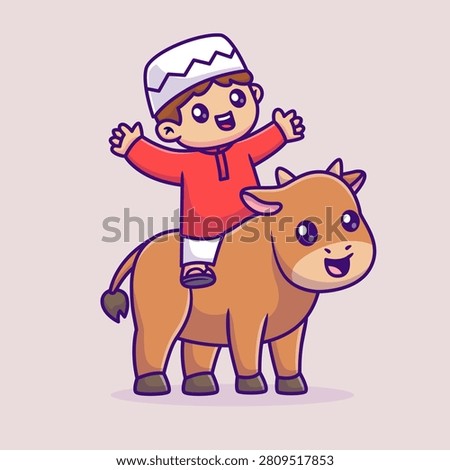 Cute Boy Moslem Riding Cow Cartoon Vector Icon Illustration. People Animal Icon Concept Isolated Premium Vector. Flat Cartoon Style
