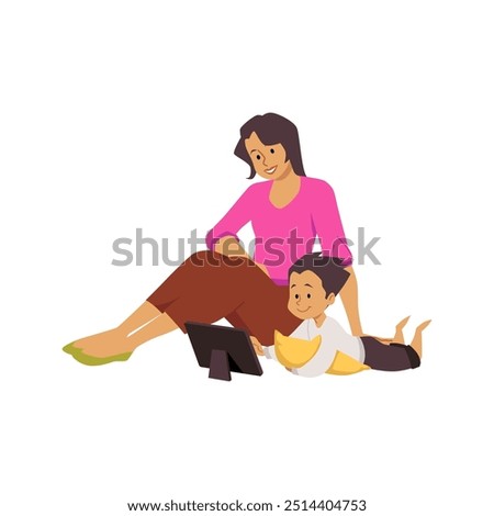 Cute boy with mother looking at the tablet device. Family using gadget. Kid online education, communication or entertainment. Cartoon vector flat illustration. Smart digital technology