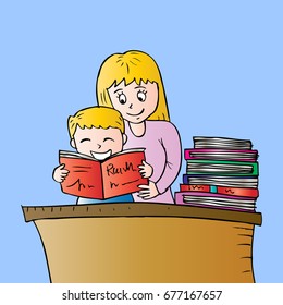 Cute boy and mother reading book together