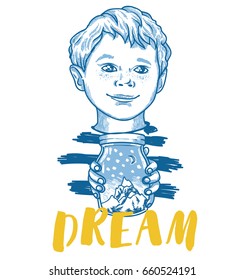 cute boy with mountains in jar, poster for dreams and magic, vector illustration