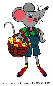 Junge Maus mit Käsekorb. Farbige Vektorgrafik für Karte oder Geschenk. 