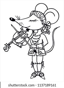 Cute boy mouse is playing the violin. Black and white vector for card or gift, for coloring.