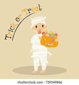 cute boy in mummy costume eating lollipop and holding a Halloween pumpkin full of candies. Halloween cartoon vector