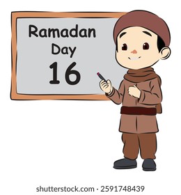 Cute boy in muslim attire doing ramadan countdown on the whiteboard.