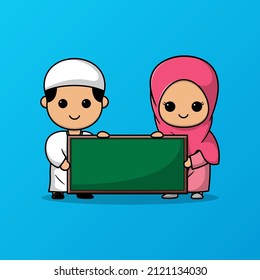 Cute boy and muslim girl holding a board vector illustration