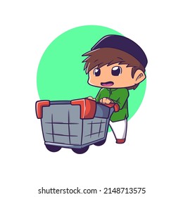 cute boy muslim pushing shopcart