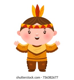 Cute boy native Indian American, costume for Thanksgiving day, cartoon character, vector, isolated illustration on a white background.