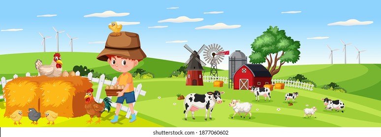 Cute boy in nature farm horizontal landscape scene at day time illustration