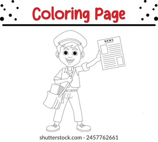 cute boy with news paper coloring book page for kids.