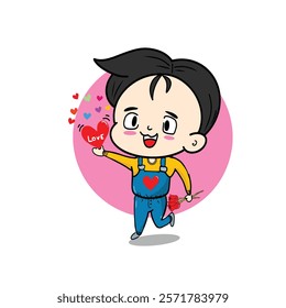 cute boy offering a heart-shaped gift with a warm smile. The boy is dressed in a playful, casual outfit, The heart is bright and vivid, symbolizing love and care, creating a sweet and endearing scene.