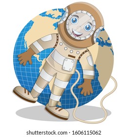 Cute boy on the background of the globe. Isolated on white background. Vector illustration.