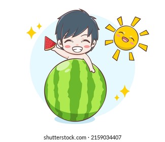 Cute boy on a big watermelon in summer cartoon illustration