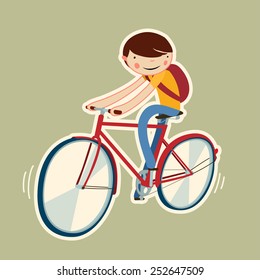 cute boy on a bike. cartoon character isolated. vector illustration