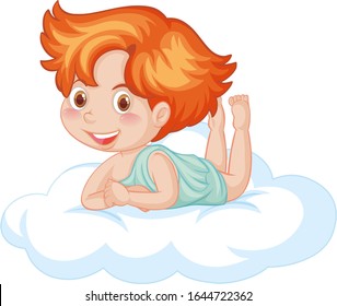 Cute boy on the floating cloud smiling illustration