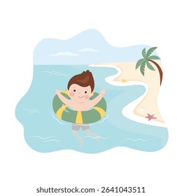 Cute boy on inflatable ring swims in the sea. little kid using swim ring for swimming. Happy child on tropical beach, seashore. Summer time, vacation. flat vector illustration