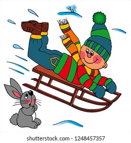 Cute boy on a sleigh, in the snow on the mountain and a rabbit is watching him. Colored vector for card or gift. 