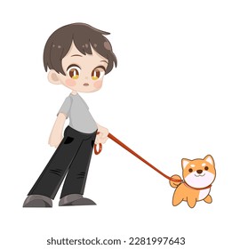 Cute boy on a walk with his dog, vector