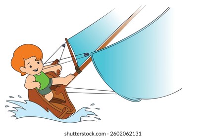 Cute boy on yacht. Funny people. Illustration concept template for website, web landing page, banner, presentation, social, poster, promotion or print media.
