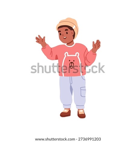 Cute boy with open arms, speaking, smiling. Happy excited kid standing, gesturing with hands, talking. Preschool kindergarten child character. Flat vector illustration isolated on white background