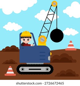 Cute Boy Operator en un sitio de construcción con grúa de bola de demolición en el sitio de construcción