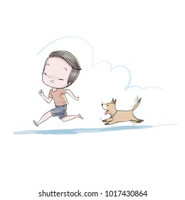 Cute boy out walking the dog. Vector Illustration Hand Drawing.