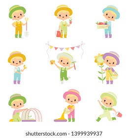 Cute Boy in Overalls and Rubber Boots Engaged in Agricultural Activities Set, Young Farmer Cartoon Character Caring for Plants and Harvesting Vector Illustration