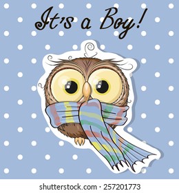 Cute boy owl in a scarf on a blue