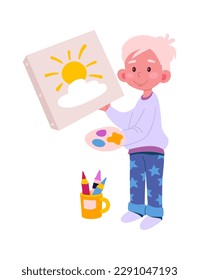 Cute boy with paint palette and brush flat icon. Vector illustration