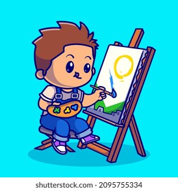Cute Boy Is Painting Cartoon Vector Icon Illustration. People Art Icon Concept Isolated Premium Vector. Flat Cartoon Style