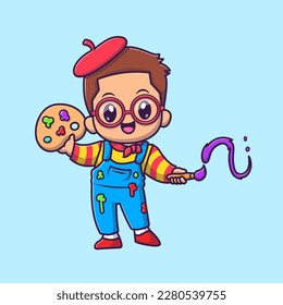 Cute Boy Painting Cartoon Vector Icon Illustration. People Education Icon Concept Isolated Premium Vector. Flat Cartoon Style