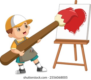 cute boy painting love on canvas with big brush of illustration