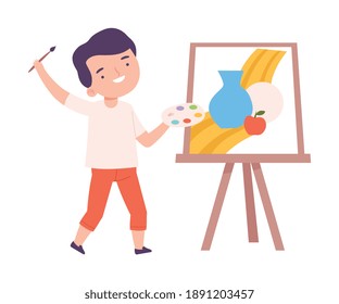 Cute Boy Painting Still Life on Canvas, Little Artist Character Drawing on Easel with Paints Cartoon Style Vector Illustration