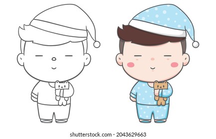 Niño lindo en pijamas dibujo a mano y colorido