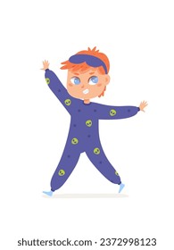 Cute boy in pajamas vector illustration. Cartoon isolated happy kid in comfy jumpsuit with skulls and sleep mask walking to bed at night, child with funny pose and gesture in carnival overalls